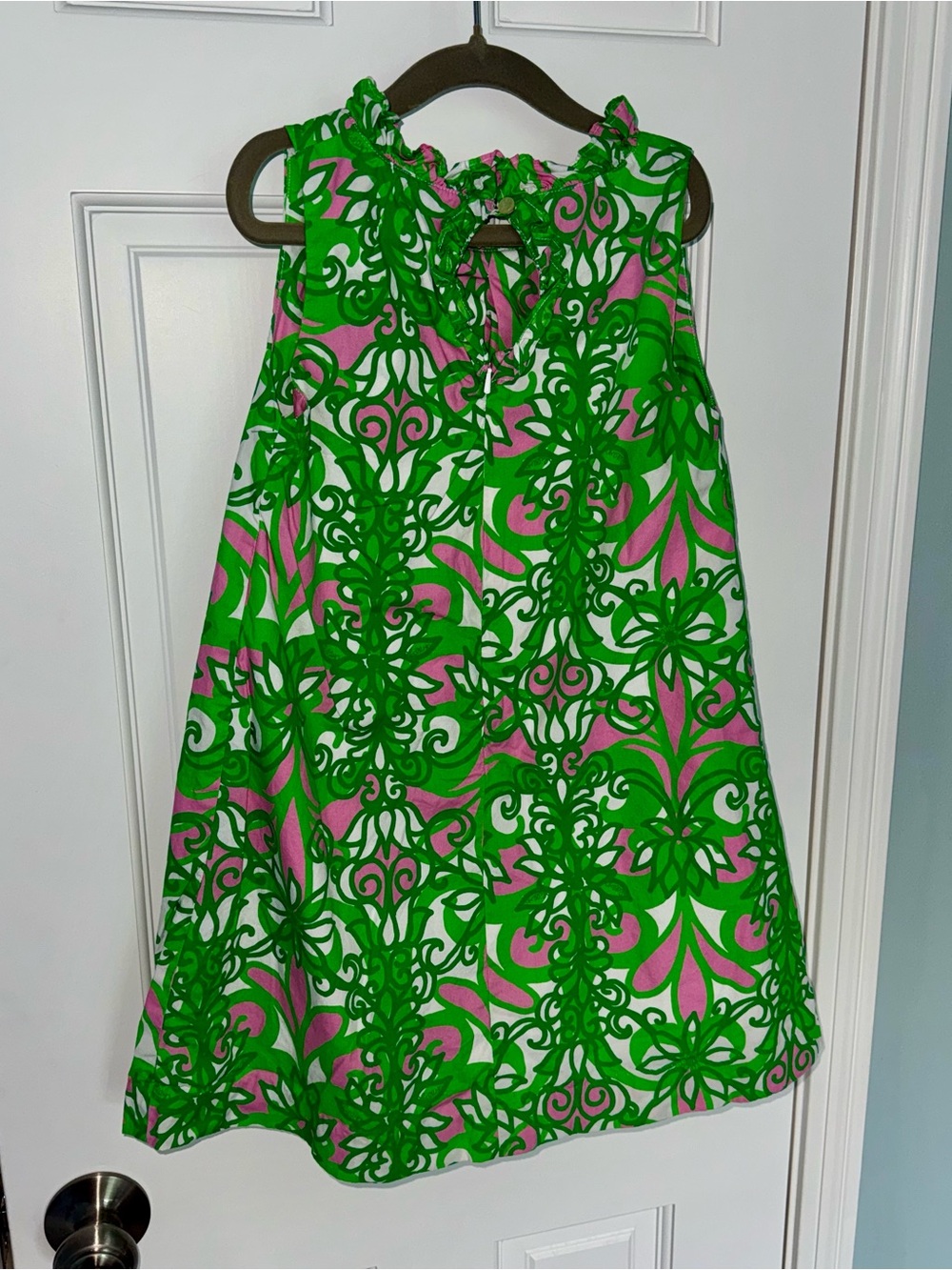 Girls Lilly Pulitzer Dress Sz 7 Green Pink White Floral Sleeveless Ruffled Neck - Picture 2 of 7